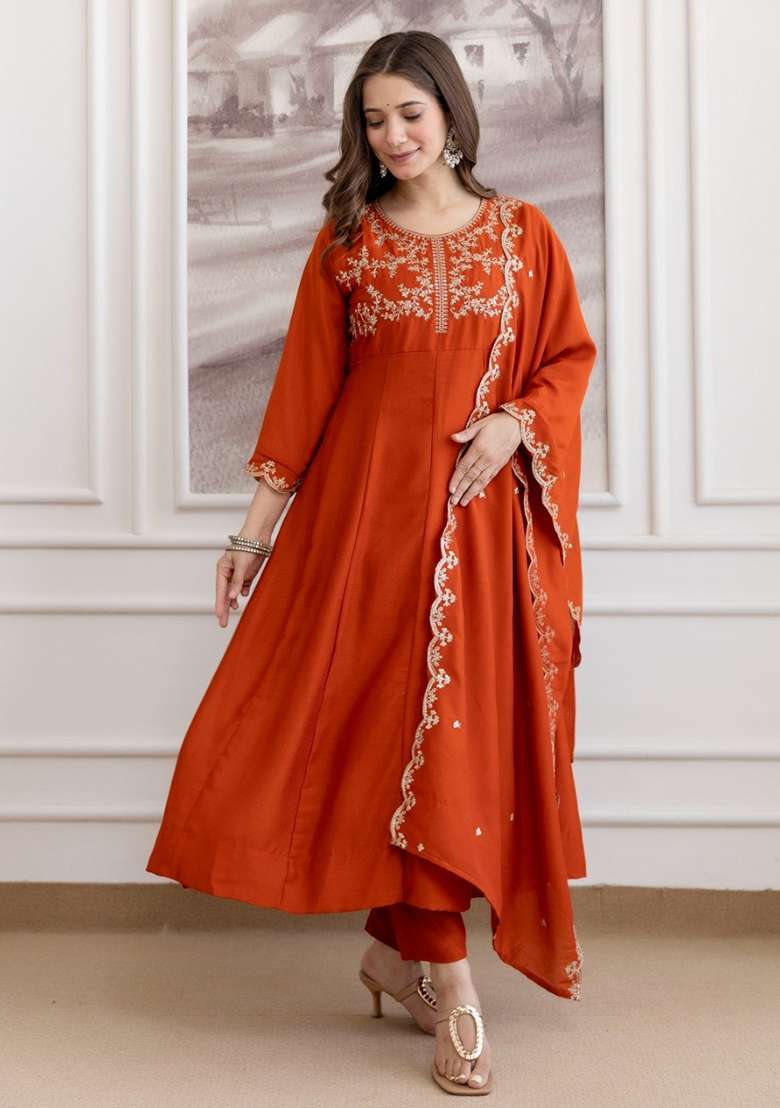 Rust Embroidered Vichitra Kurta Set - Indya