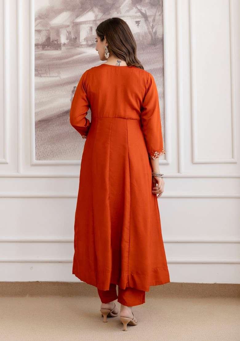 Rust Embroidered Vichitra Kurta Set - Indya