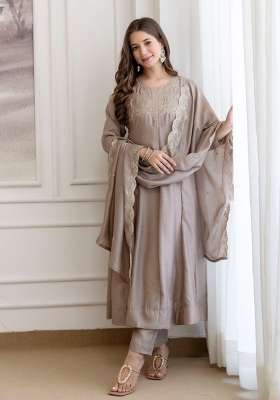 Taupe Embroidered Vichitra Kurta Set