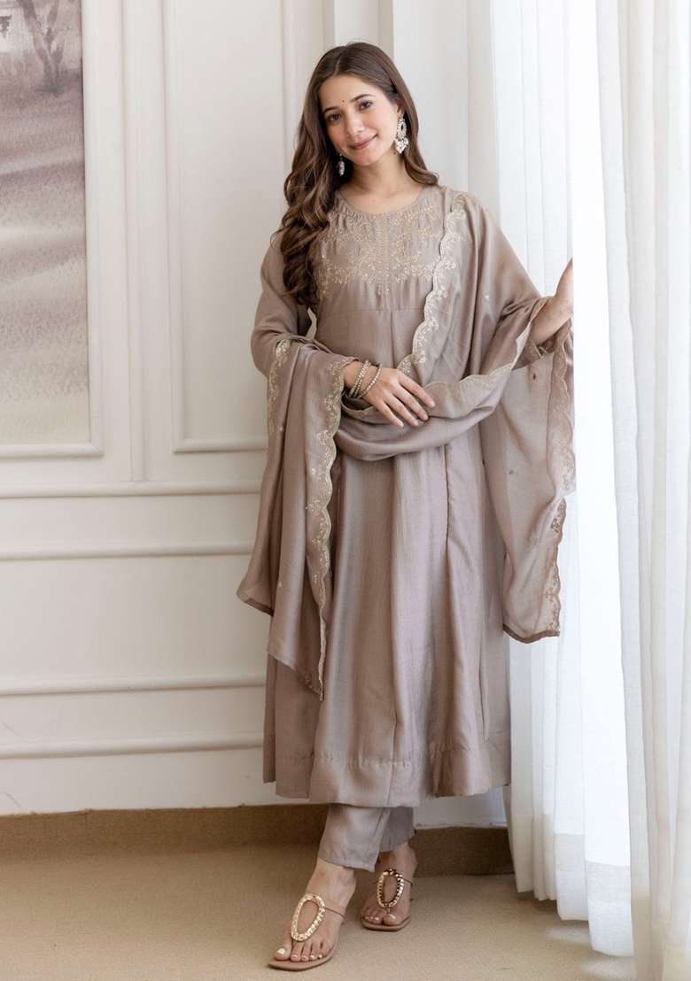 Taupe Embroidered Vichitra Kurta Set - Indya