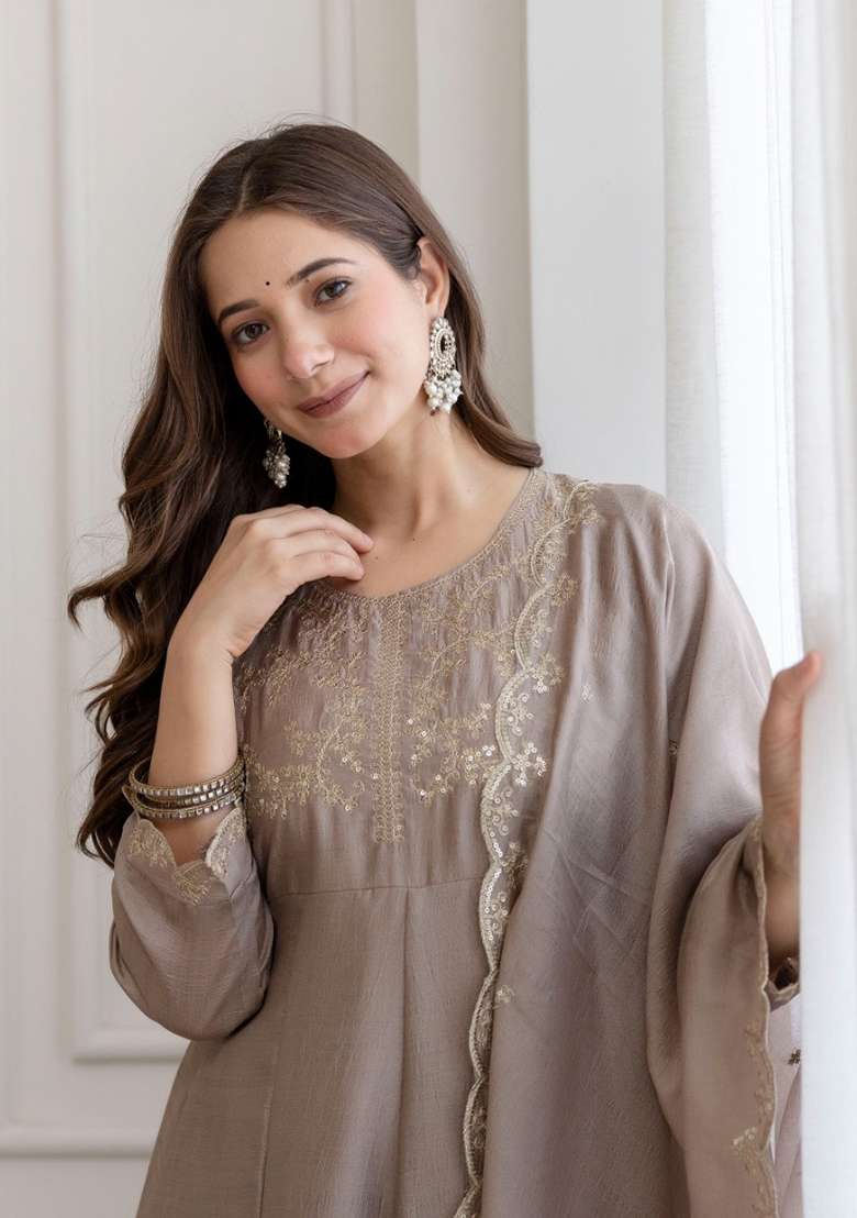 Taupe Embroidered Vichitra Kurta Set - Indya