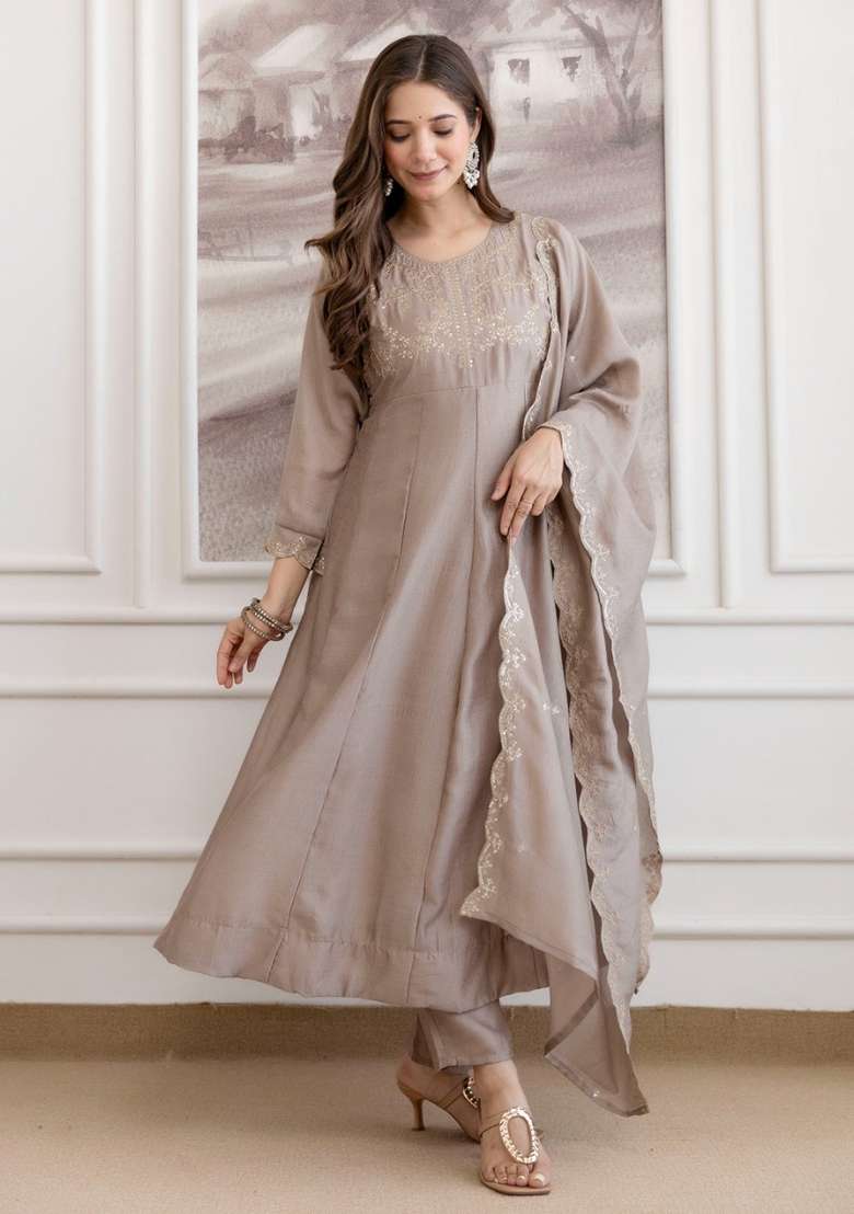 Taupe Embroidered Vichitra Kurta Set - Indya