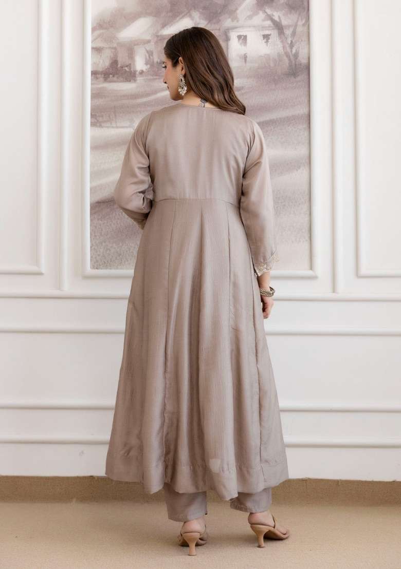 Taupe Embroidered Vichitra Kurta Set - Indya