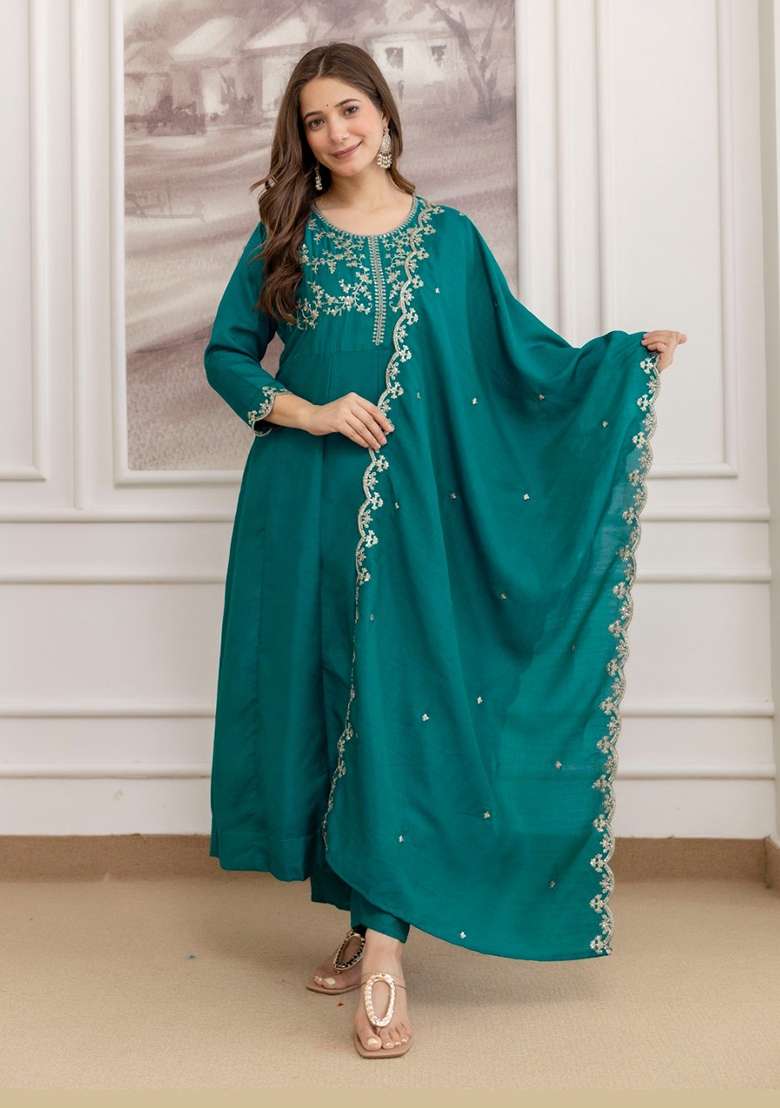 Deep Teal Embroidered Vichitra Kurta Set - Indya