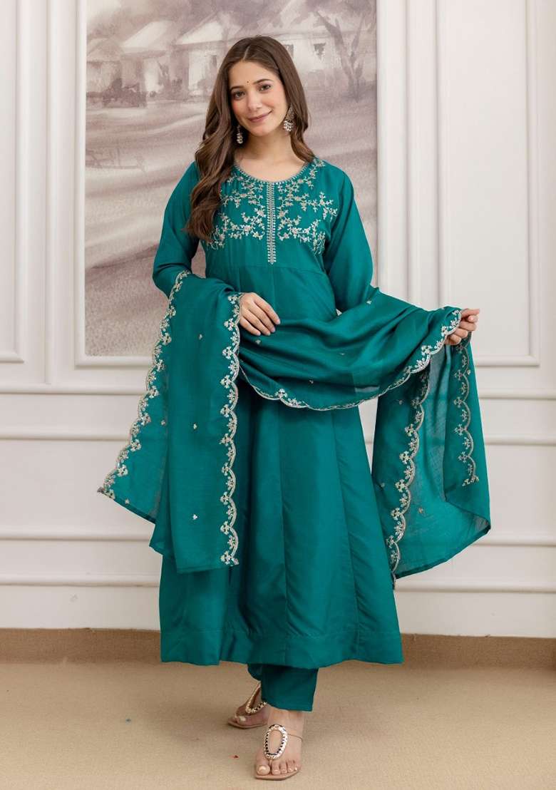 Deep Teal Embroidered Vichitra Kurta Set - Indya