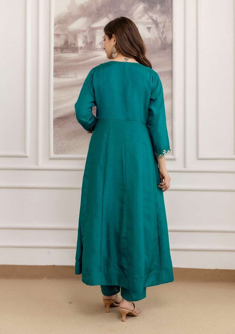 Deep Teal Embroidered Vichitra Kurta Set - Indya