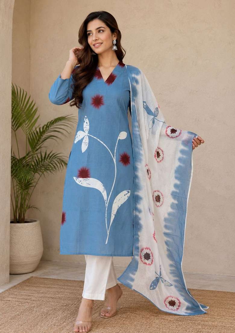 Slate Blue Printed Muslin Kurta Set - Indya