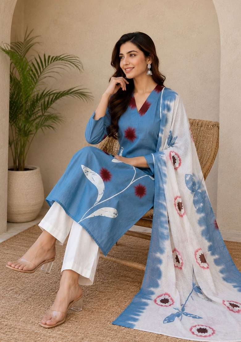 Slate Blue Printed Muslin Kurta Set - Indya