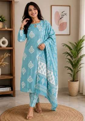 Light Aqua Blue Printed Muslin Kurta Set