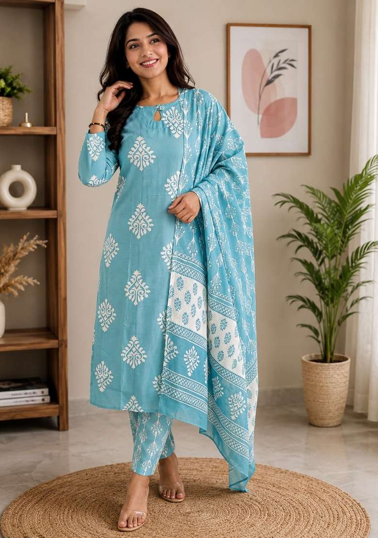 Light Aqua Blue Printed Muslin Kurta Set - Indya