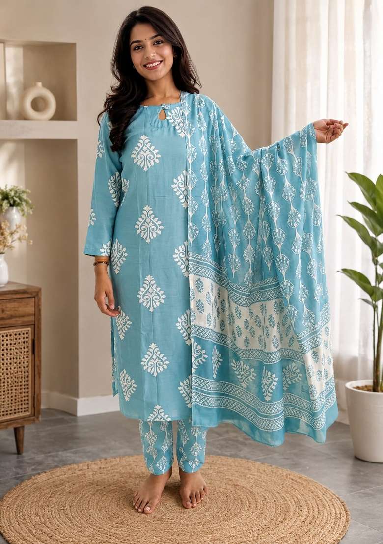 Light Aqua Blue Printed Muslin Kurta Set - Indya
