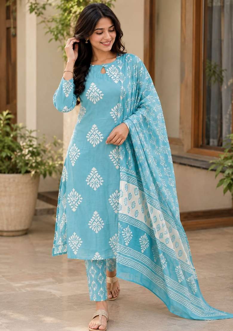 Light Aqua Blue Printed Muslin Kurta Set - Indya