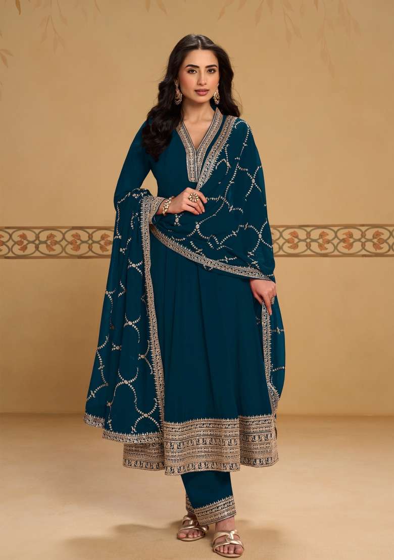 Peacock Blue Embroidered Georgette Kurta Set - Indya
