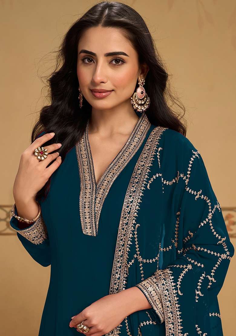 Peacock Blue Embroidered Georgette Kurta Set - Indya