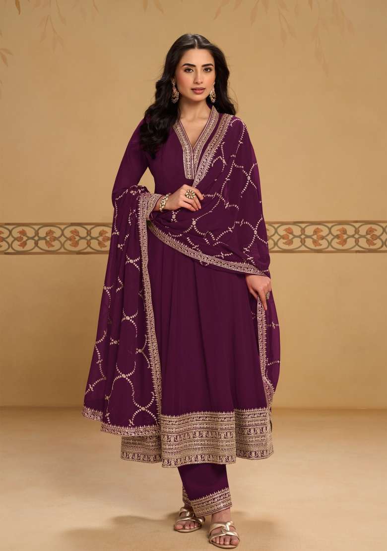 Deep Purple Embroidered Georgette Kurta Set - Indya