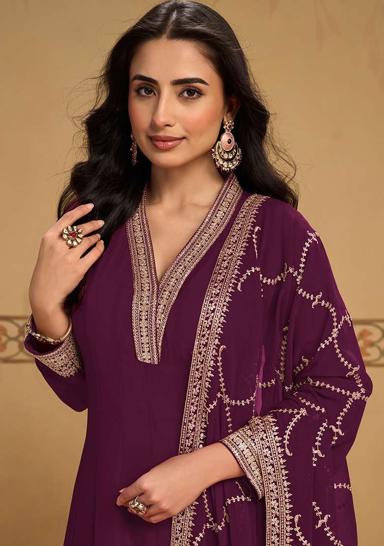Deep Purple Embroidered Georgette Kurta Set - Indya