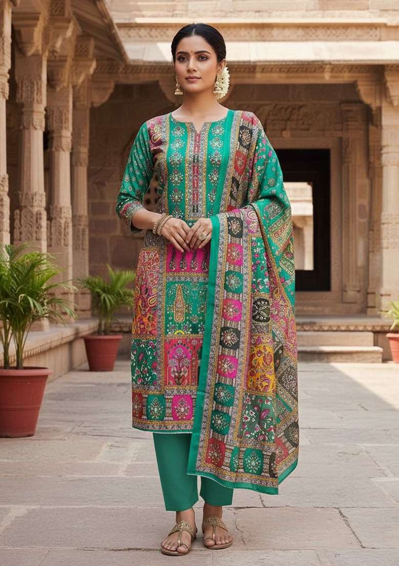 Aqua Blue Printed Chinon Kurta Set - Indya
