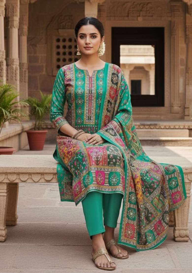 Aqua Blue Printed Chinon Kurta Set - Indya