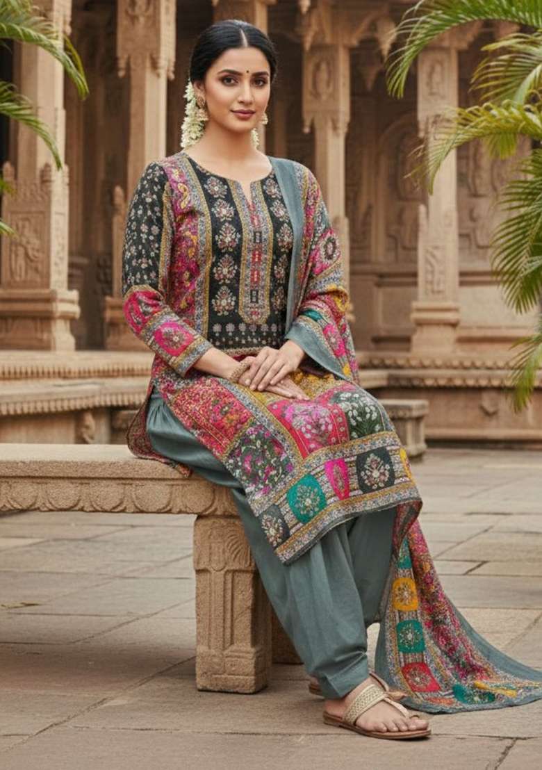 Grey Printed Chinon Kurta Set - Indya