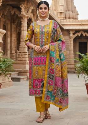 Mustard Printed Chinon Kurta Set