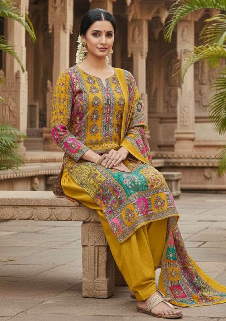 Mustard Printed Chinon Kurta Set - Indya