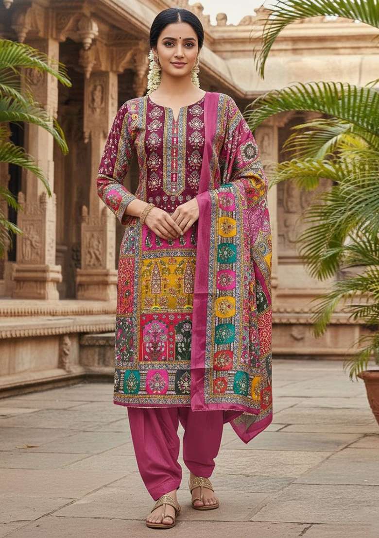 Rani Pink Printed Chinon Kurta Set - Indya