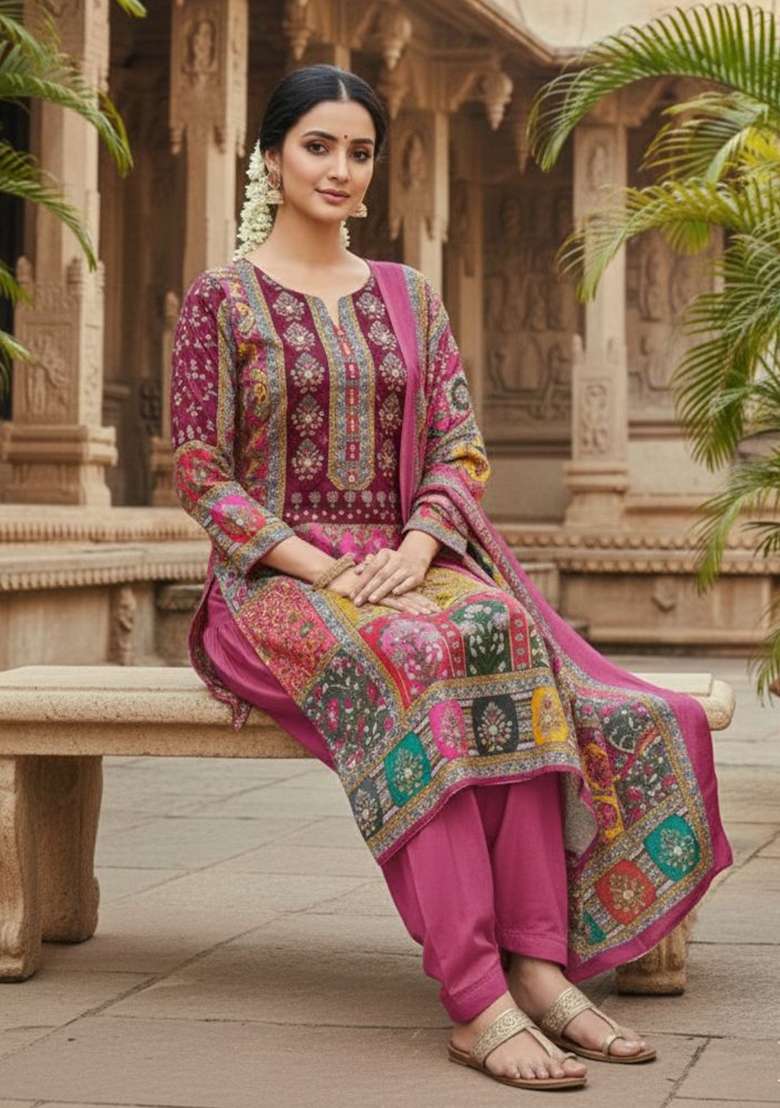 Rani Pink Printed Chinon Kurta Set - Indya