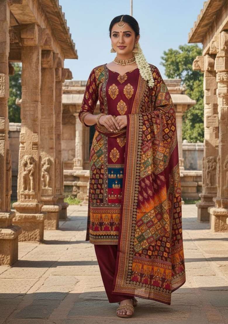 Maroon Printed Chinon Kurta Set - Indya