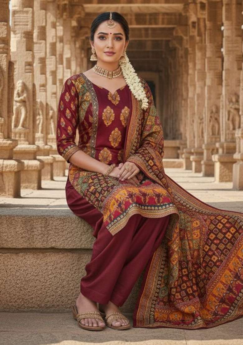 Maroon Printed Chinon Kurta Set - Indya