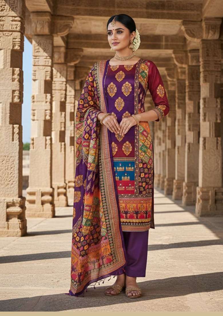 Purple Printed Chinon Kurta Set - Indya