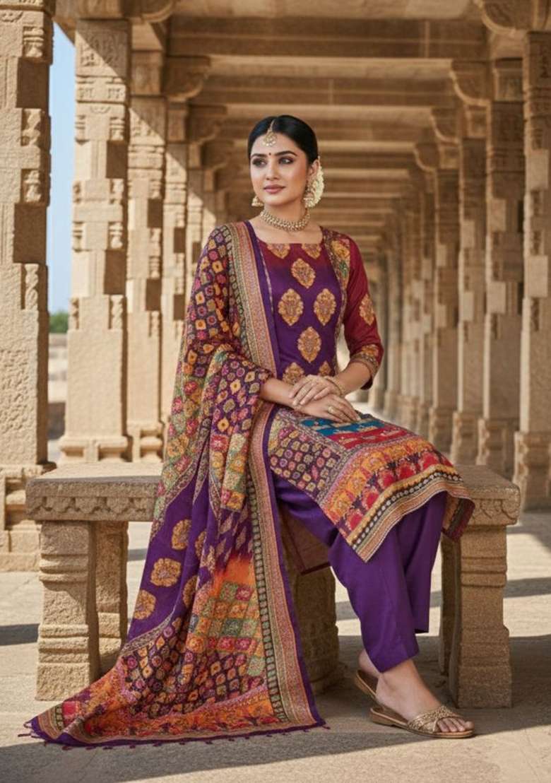 Purple Printed Chinon Kurta Set - Indya