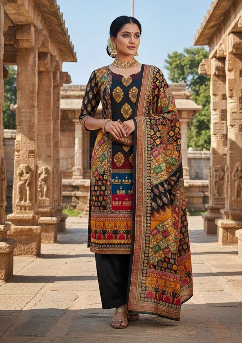 Black Printed Chinon Kurta Set - Indya