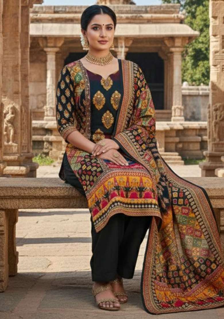 Black Printed Chinon Kurta Set - Indya
