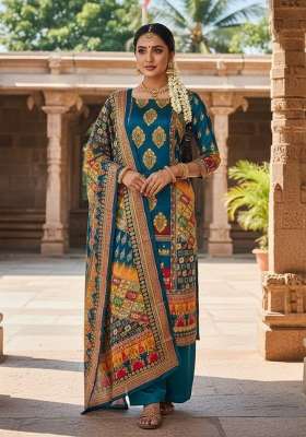 Peacock Blue Printed Chinon Kurta Set