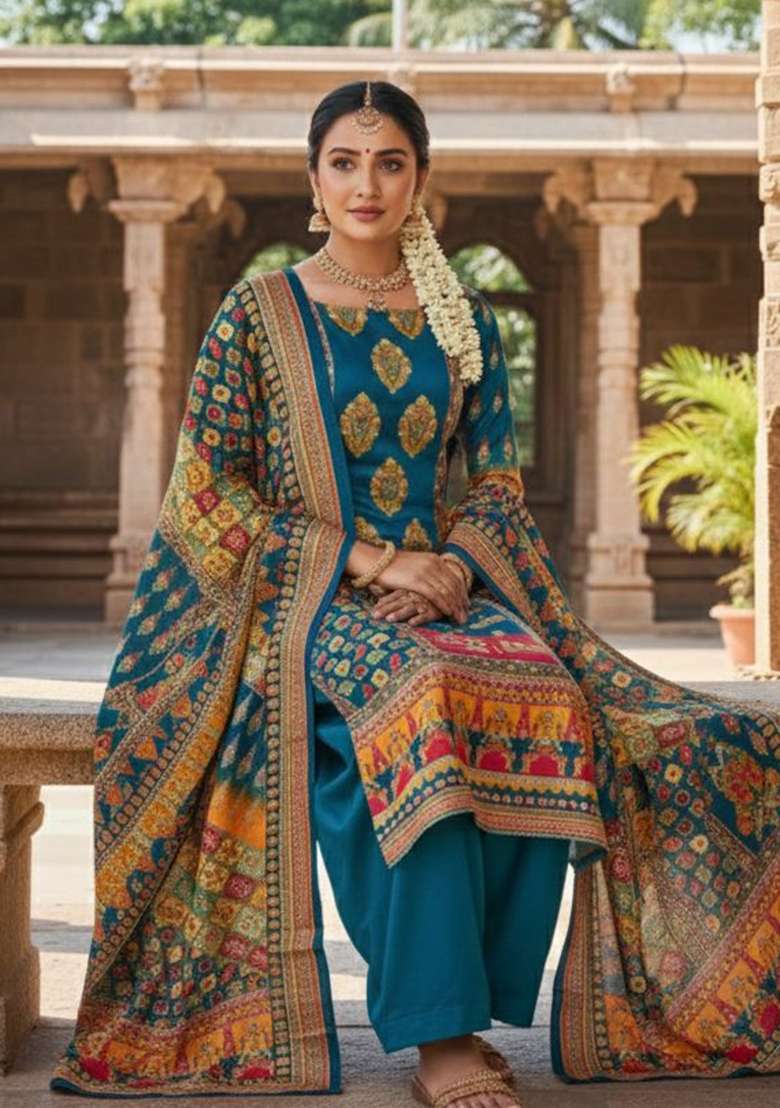 Peacock Blue Printed Chinon Kurta Set - Indya