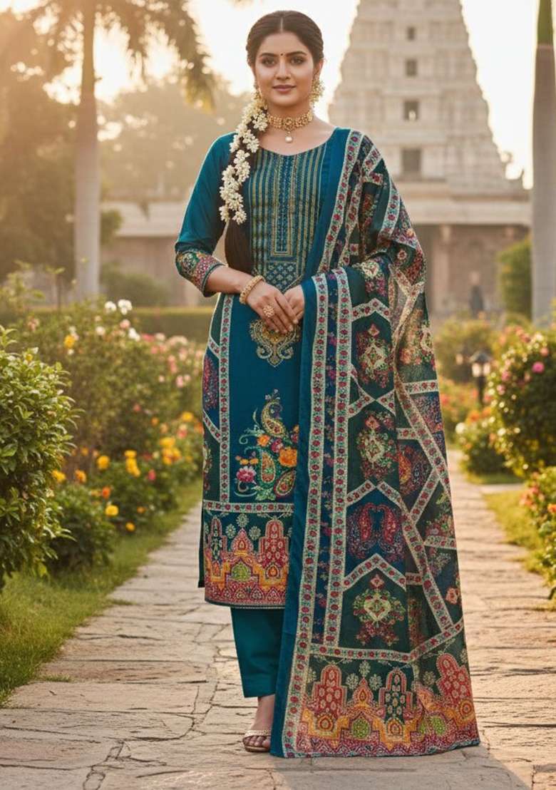 Royal Blue Printed Chinon Kurta Set - Indya