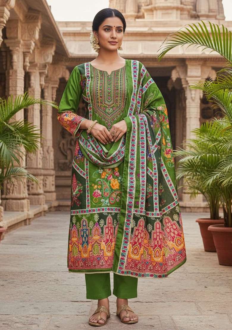 Green Printed Chinon Kurta Set - Indya
