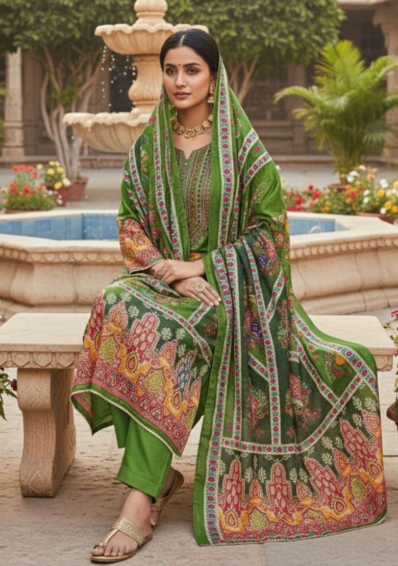 Green Printed Chinon Kurta Set - Indya