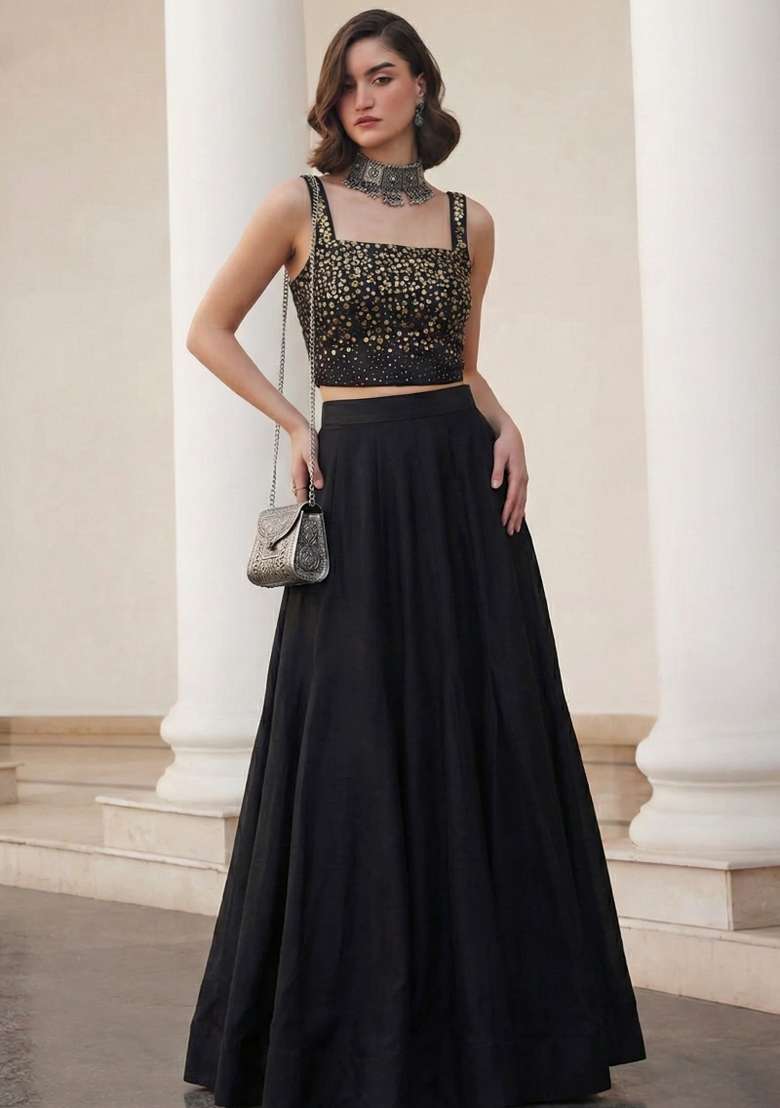 Black Sequin Work Silk Co Ords Set - Indya