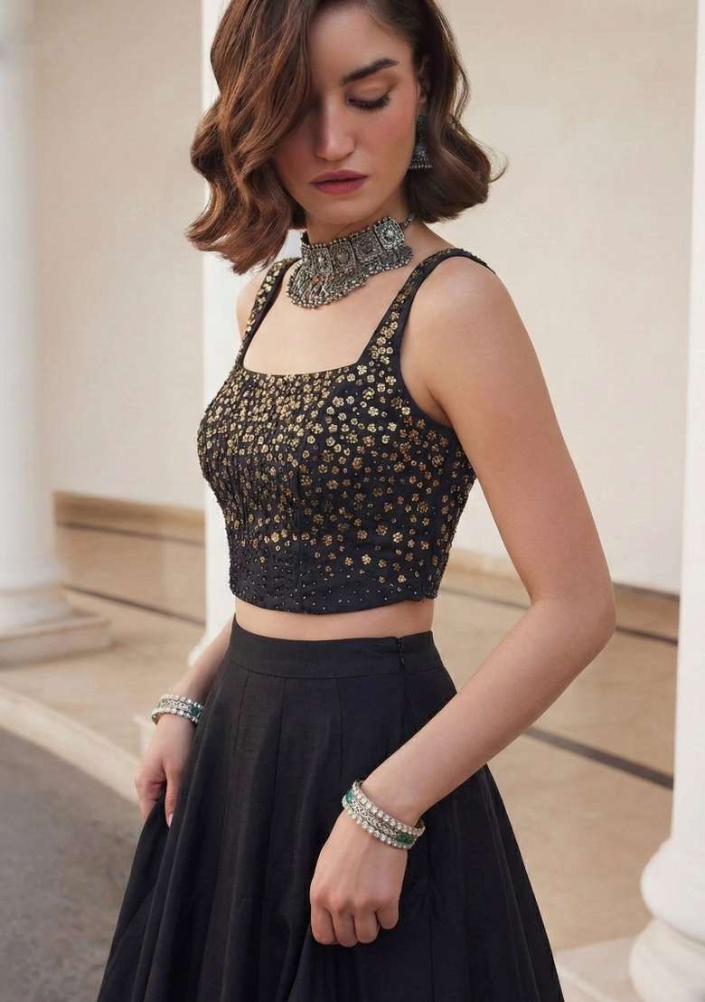 Black Sequin Work Silk Co Ords Set - Indya