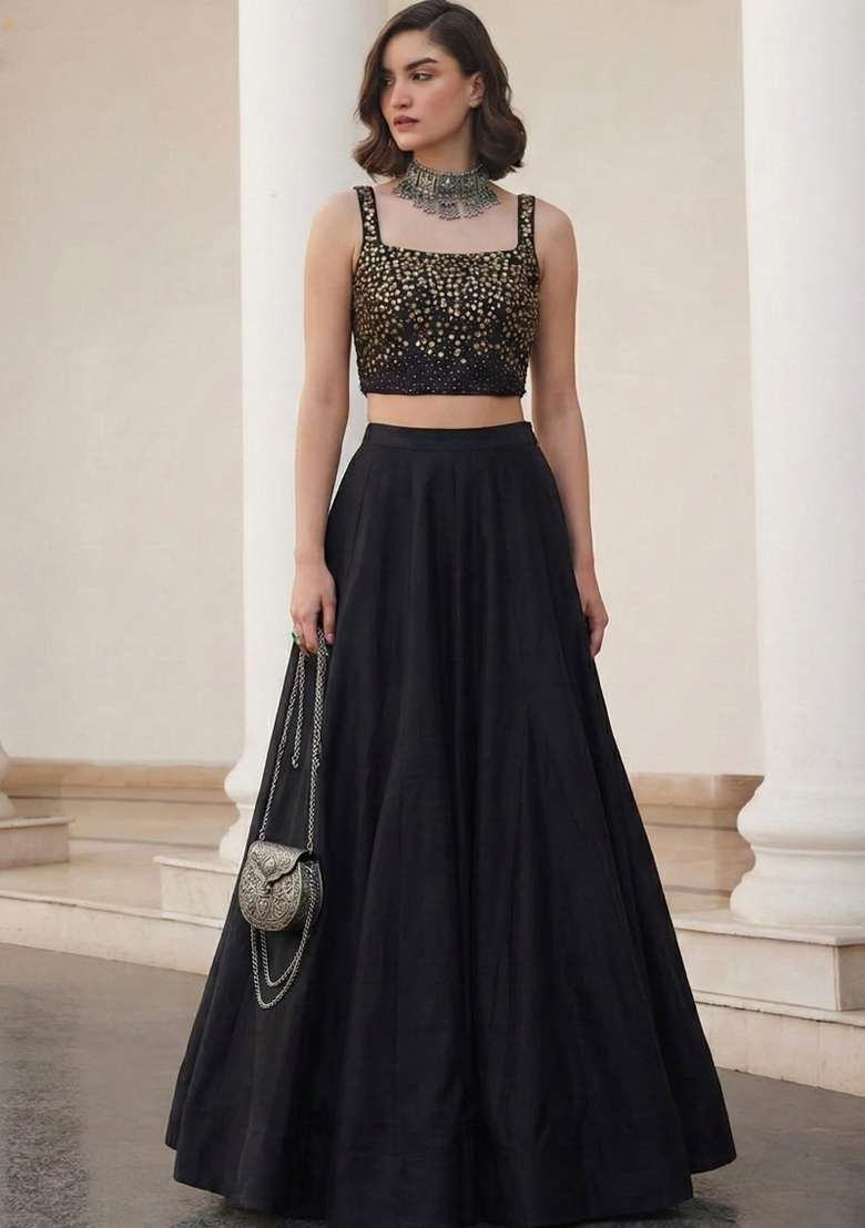 Black Sequin Work Silk Co Ords Set - Indya
