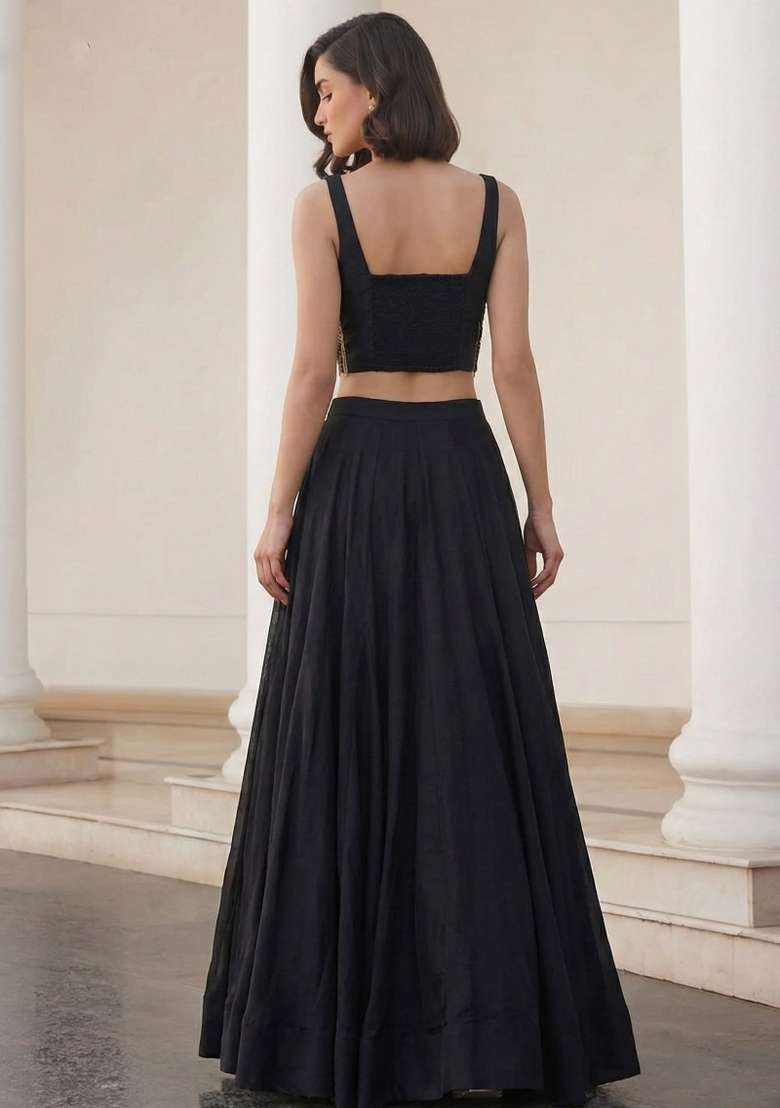 Black Sequin Work Silk Co Ords Set - Indya