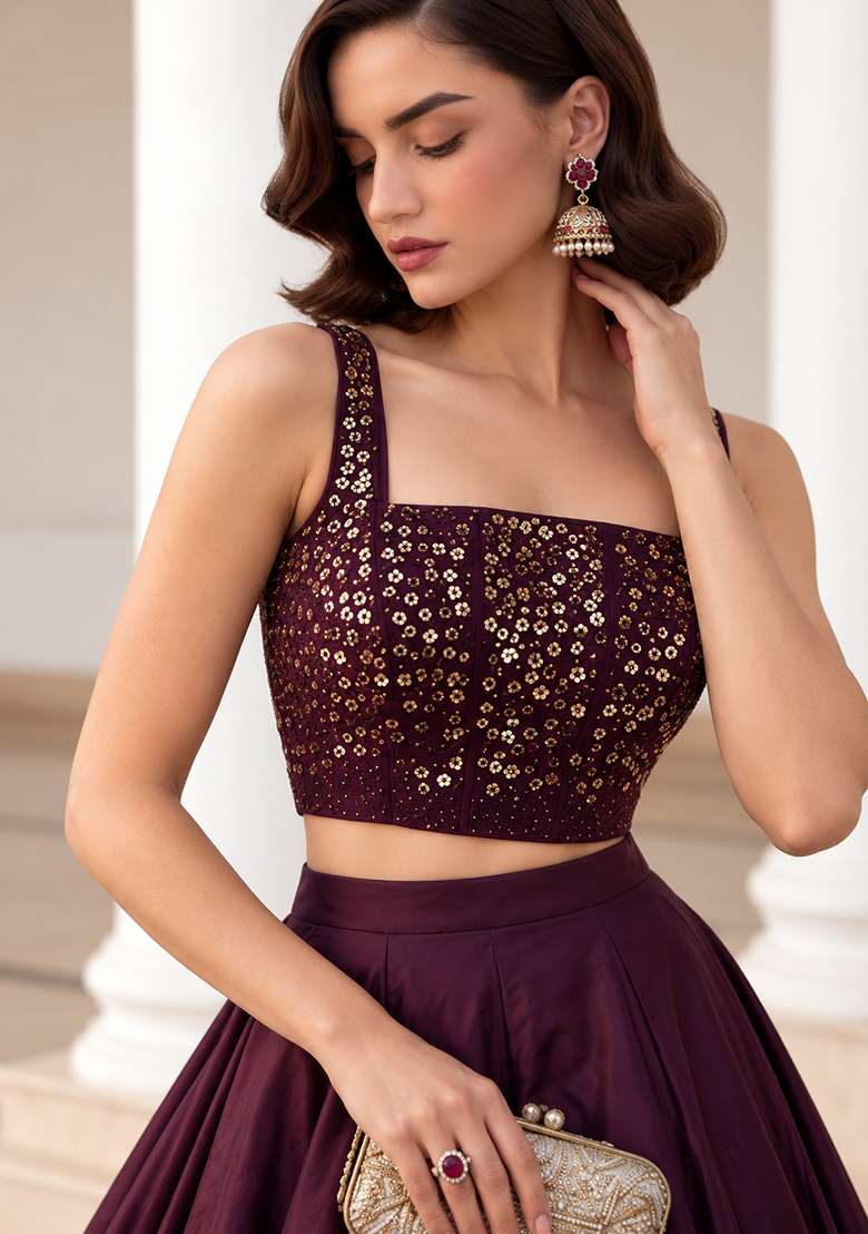 Burgundy Sequin Work Silk Co Ords Set - Indya