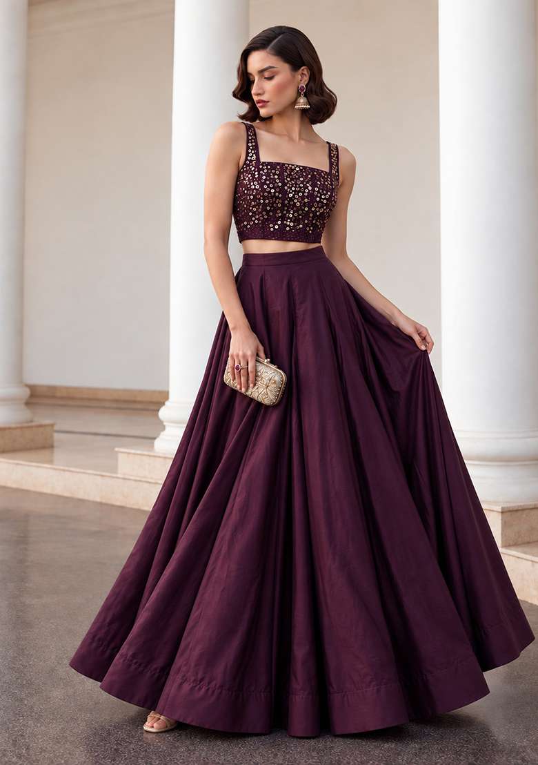 Burgundy Sequin Work Silk Co Ords Set - Indya
