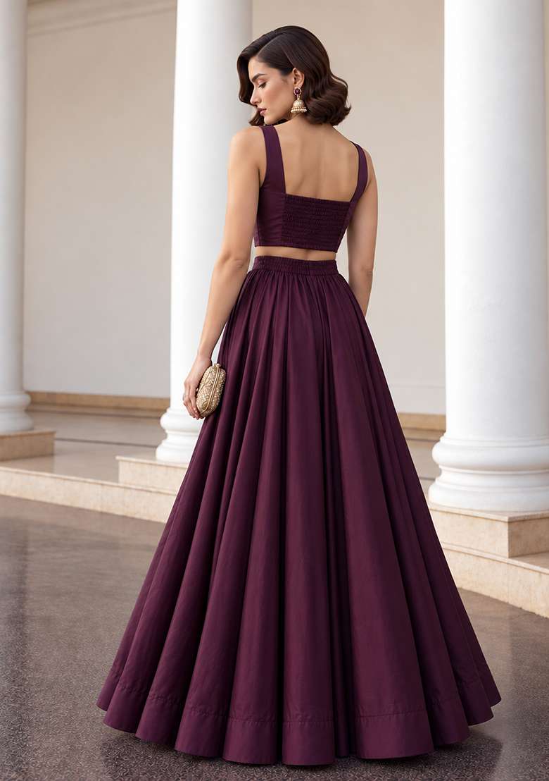 Burgundy Sequin Work Silk Co Ords Set - Indya