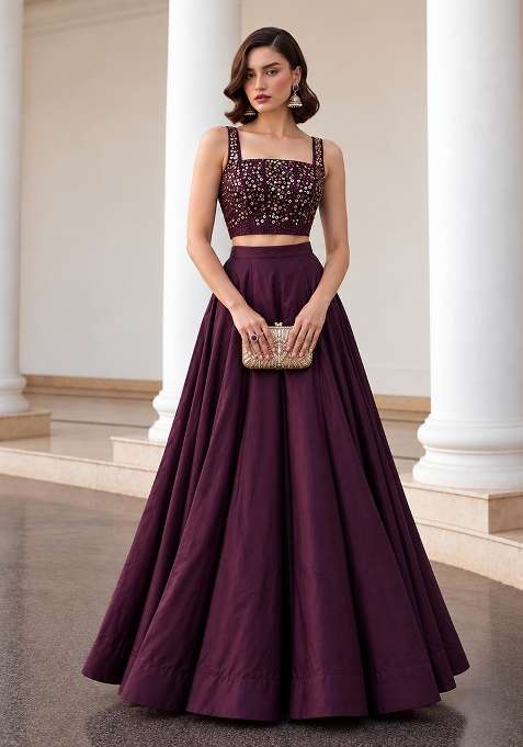 Burgundy Sequin Work Silk Co Ords Set