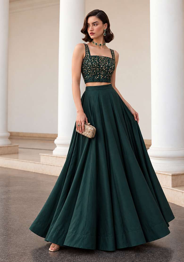 Green Sequin Work Silk Co Ords Set - Indya