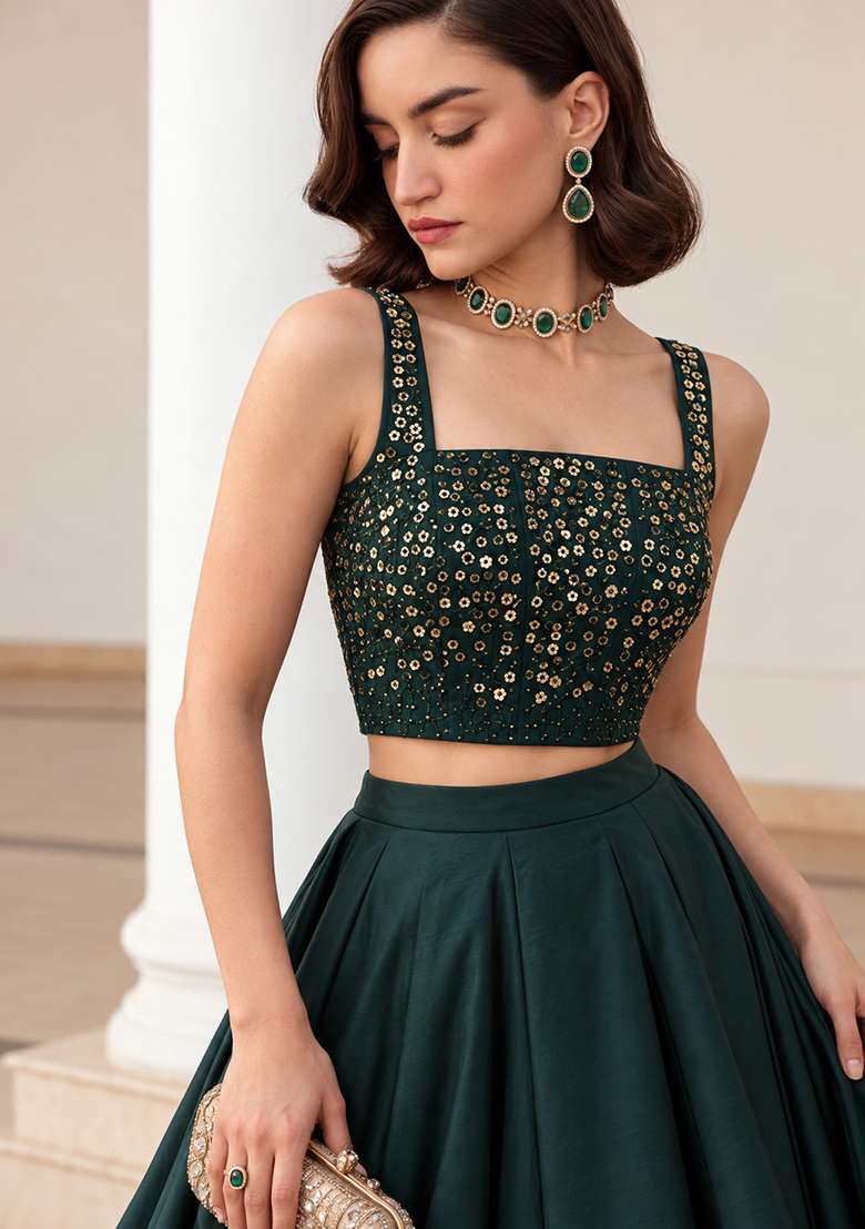 Green Sequin Work Silk Co Ords Set - Indya