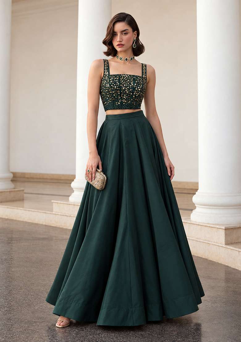 Green Sequin Work Silk Co Ords Set - Indya
