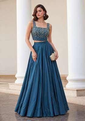Teal Blue Sequin Work Silk Co Ords Set